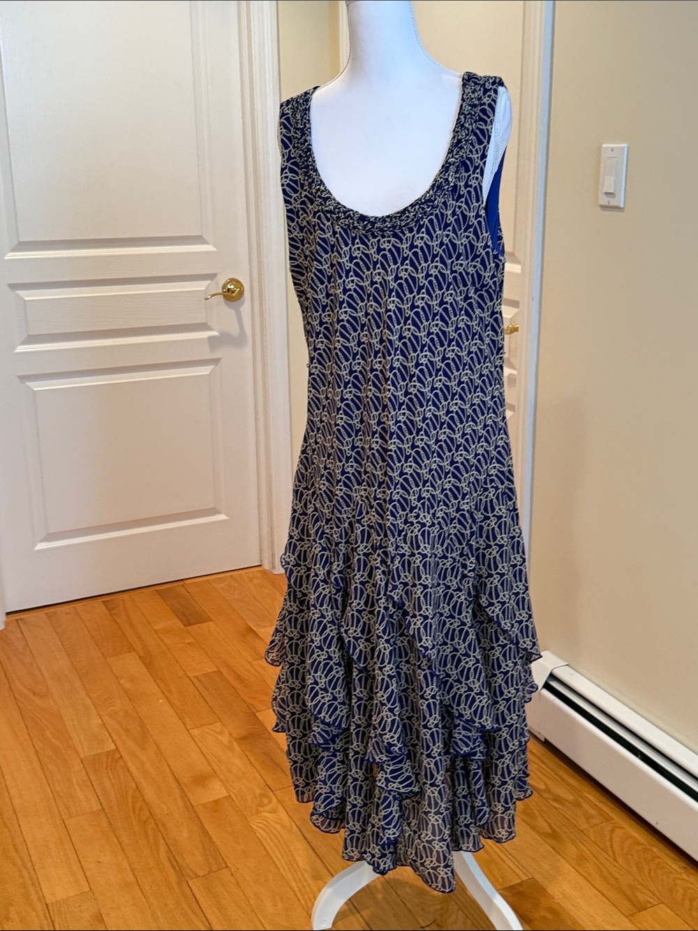 Robbie Bee Navy and Cream Sleeveless Tiered Midi Dress Elegant Ruffled Dress